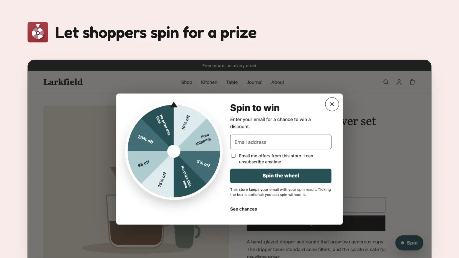 Spin wheel popup on a store page, prizes shown on each slice