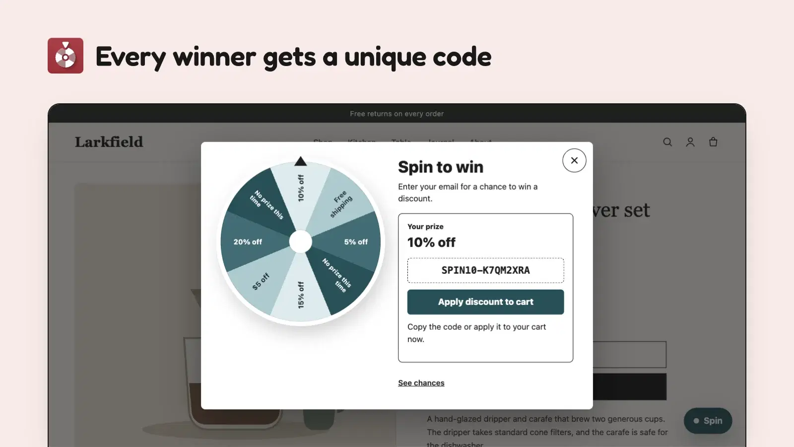 Wheel lands on 10% off and shows a one-time discount code