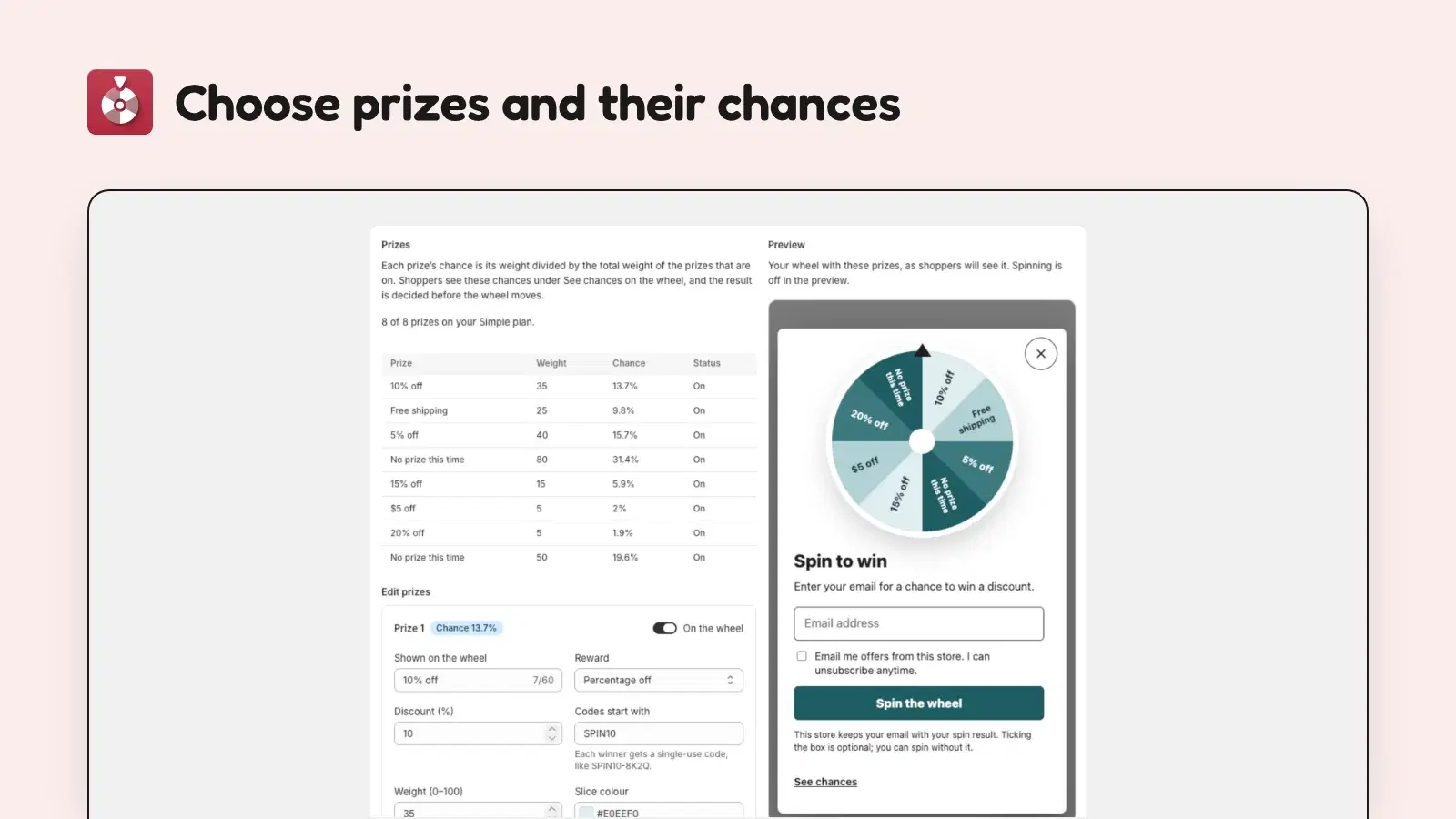 Prize editor with weights, a Chance column and a wheel preview